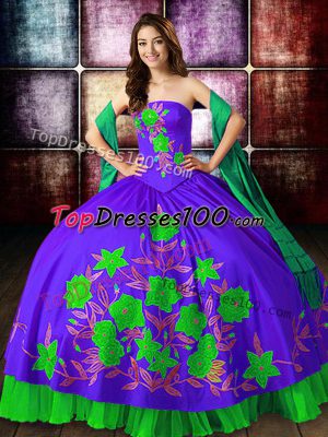 Elegant Sleeveless Satin Floor Length Lace Up Quince Ball Gowns in Multi-color with Embroidery