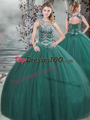 Dark Green Sleeveless Beading Floor Length 15 Quinceanera Dress