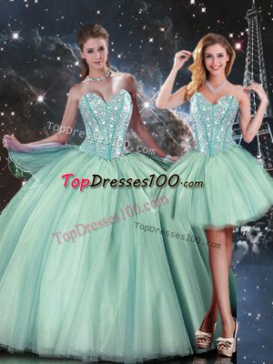 Hot Sale Turquoise Lace Up Sweetheart Beading Quinceanera Gowns Tulle Sleeveless