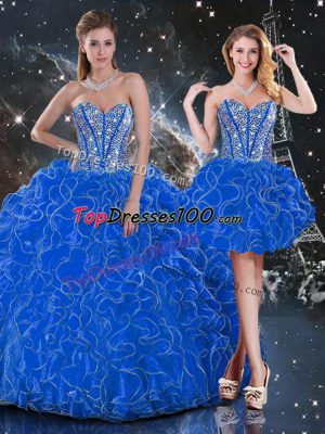 Elegant Sweetheart Sleeveless Quinceanera Gowns Floor Length Beading and Ruffles Blue Organza