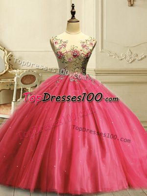 Super Scoop Sleeveless Sweet 16 Quinceanera Dress Floor Length Appliques and Sequins Coral Red Tulle