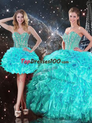 Sweetheart Sleeveless Sweet 16 Dresses Floor Length Beading and Ruffles Aqua Blue Organza
