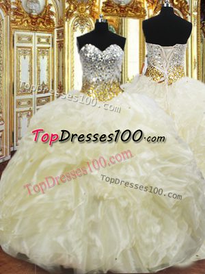 Fashionable Light Yellow Sleeveless Floor Length Beading and Ruffles Lace Up Vestidos de Quinceanera