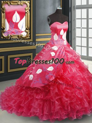 Coral Red Lace Up Quinceanera Dresses Embroidery and Ruffled Layers Sleeveless Brush Train