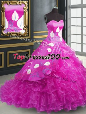 Smart Sleeveless Embroidery and Ruffles Lace Up Quinceanera Dress with Fuchsia Brush Train