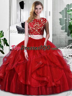 Floor Length Zipper Quinceanera Gown Wine Red for Military Ball and Sweet 16 and Quinceanera with Lace and Ruffles