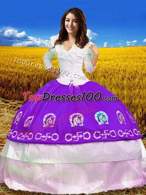 Excellent Purple 3 4 Length Sleeve Floor Length Embroidery Lace Up Quinceanera Gowns