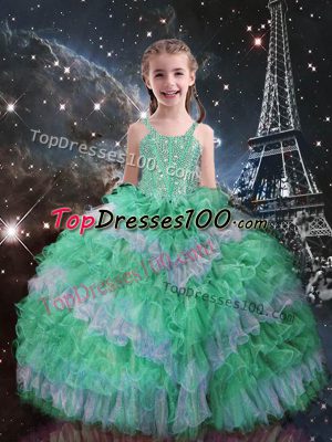 Adorable Straps Sleeveless Juniors Party Dress Floor Length Beading and Ruffled Layers Apple Green Organza