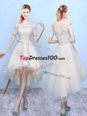 White Bridesmaid Dresses Prom and Party with Appliques Off The Shoulder Sleeveless Lace Up