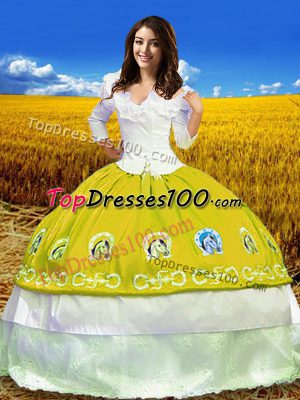 Gold Quince Ball Gowns Military Ball and Sweet 16 and Quinceanera with Embroidery Off The Shoulder 3 4 Length Sleeve Lace Up