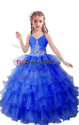 Popular Sleeveless Floor Length Beading and Ruffled Layers Zipper Kids Formal Wear with Blue