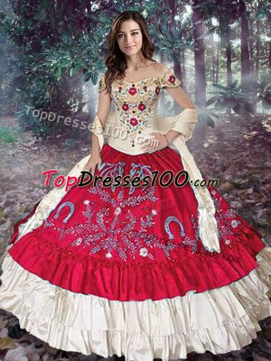 Edgy Embroidery and Ruffled Layers Quince Ball Gowns Red Lace Up Sleeveless Floor Length