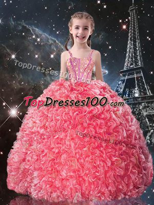 Coral Red Organza Lace Up Straps Sleeveless Floor Length Pageant Gowns For Girls Beading and Ruffles