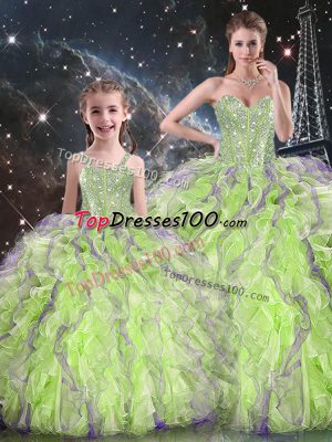 Yellow Green Ball Gowns Organza Sweetheart Sleeveless Beading and Ruffles Floor Length Lace Up Vestidos de Quinceanera