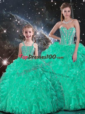Ball Gowns 15th Birthday Dress Turquoise Sweetheart Organza Sleeveless Floor Length Lace Up