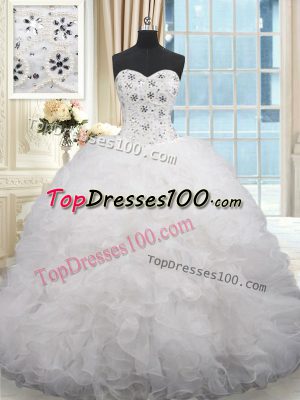 White Lace Up Vestidos de Quinceanera Beading and Ruffles Sleeveless Brush Train