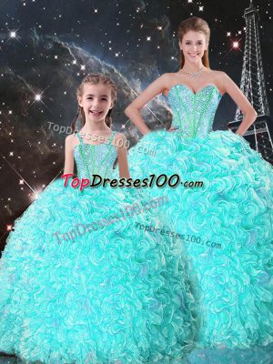 Beading and Ruffles 15th Birthday Dress Turquoise Lace Up Sleeveless Floor Length