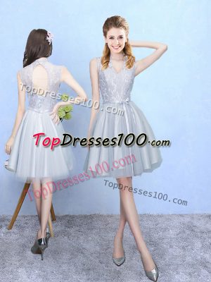 Hot Selling Lace Quinceanera Court Dresses Silver Lace Up Sleeveless Knee Length