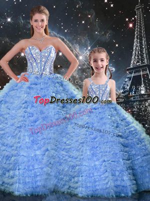Hot Selling Sleeveless Tulle Floor Length Lace Up Quinceanera Dresses in Blue with Beading and Ruffles