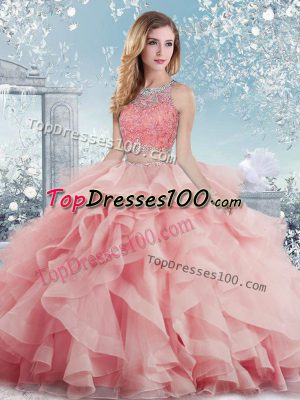 Baby Pink Ball Gowns Satin Scoop Sleeveless Beading and Ruffles Floor Length Clasp Handle 15 Quinceanera Dress