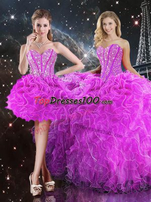 Best Fuchsia Lace Up Sweetheart Beading and Ruffles Vestidos de Quinceanera Organza Sleeveless
