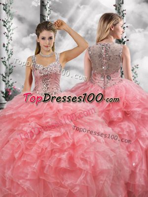 Watermelon Red Ball Gowns Straps Sleeveless Organza Floor Length Zipper Beading and Ruffles Quinceanera Dress