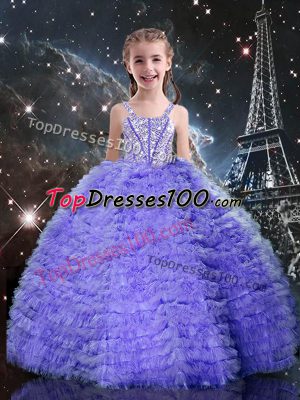 Hot Sale Ball Gowns Kids Pageant Dress Lavender Straps Tulle Short Sleeves Floor Length Lace Up