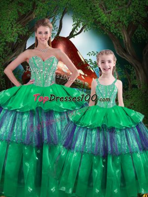 Romantic Green Ball Gowns Organza Sweetheart Sleeveless Beading and Ruffled Layers Floor Length Lace Up 15 Quinceanera Dress