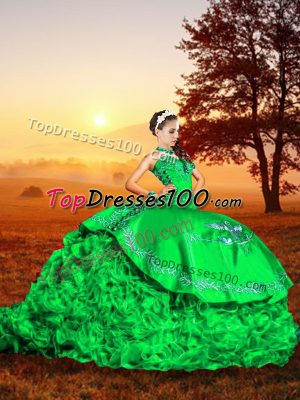 Sweetheart Sleeveless Organza Sweet 16 Dresses Embroidery and Ruffles Brush Train Lace Up