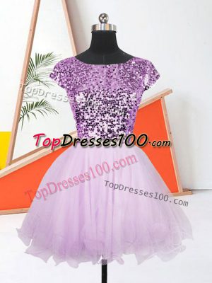 Sumptuous Lilac Prom Gown Prom and Party with Sequins Bateau Sleeveless Lace Up