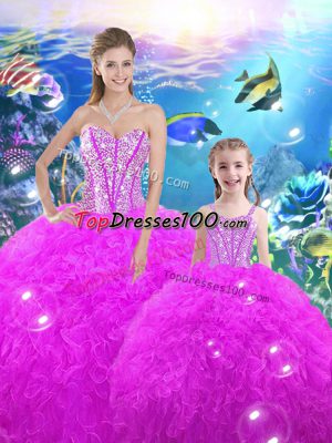 Exquisite Fuchsia Sleeveless Beading and Ruffles Floor Length Quinceanera Dresses