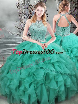 Sleeveless Brush Train Lace Up Beading and Ruffles Sweet 16 Dresses