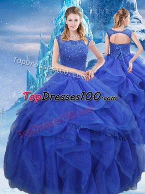 Suitable Royal Blue Ball Gowns Organza Bateau Sleeveless Ruffles and Sequins Floor Length Lace Up Vestidos de Quinceanera