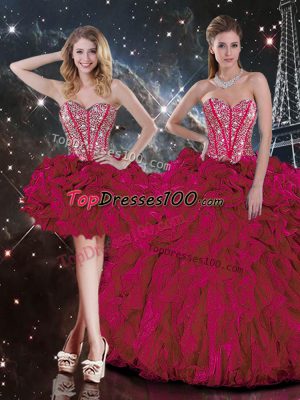 Burgundy Ball Gowns Organza Sweetheart Sleeveless Beading and Ruffles Floor Length Lace Up Quince Ball Gowns