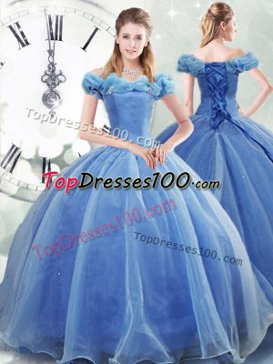 Smart Light Blue Ball Gowns Off The Shoulder Sleeveless Organza Brush Train Lace Up Pick Ups Sweet 16 Dress