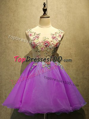 Purple A-line Organza Scoop Sleeveless Embroidery Mini Length Lace Up Prom Dresses