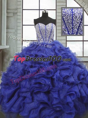 Fashionable Blue Sweetheart Neckline Beading and Ruffles Sweet 16 Quinceanera Dress Sleeveless Lace Up