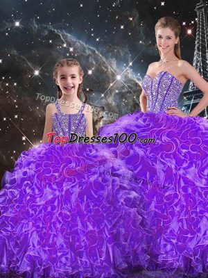 Eggplant Purple Ball Gowns Organza Sweetheart Sleeveless Beading and Ruffles Floor Length Lace Up Quinceanera Dresses