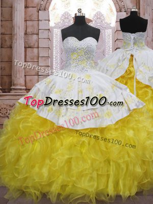Dramatic Yellow And White Sleeveless Organza Brush Train Lace Up Sweet 16 Dresses for Military Ball and Sweet 16 and Quinceanera