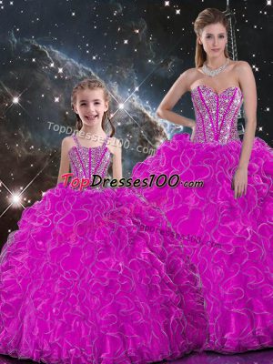 Admirable Fuchsia Ball Gowns Sweetheart Sleeveless Organza Floor Length Lace Up Beading and Ruffles Quinceanera Gown