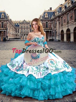 Cute Sleeveless Floor Length Embroidery and Ruffled Layers Lace Up Sweet 16 Dress with Blue And White