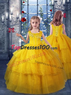 On Sale Gold Ball Gowns V-neck Sleeveless Organza Floor Length Lace Up Ruffled Layers Casual Dresses