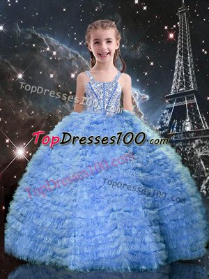 Latest Baby Blue Ball Gowns Beading and Ruffled Layers Little Girl Pageant Gowns Lace Up Tulle Sleeveless Floor Length