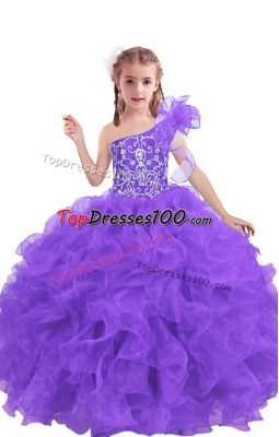 Floor Length Lace Up Kids Pageant Dress Lilac for Quinceanera and Wedding Party with Beading and Ruffles