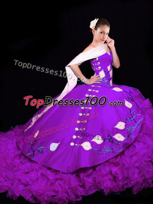 Eggplant Purple Ball Gowns Organza Sweetheart Sleeveless Embroidery and Ruffles Lace Up Quinceanera Dresses Brush Train