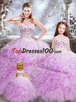 Dazzling Lilac Sweet 16 Quinceanera Dress Military Ball and Sweet 16 and Quinceanera with Beading and Ruffles Sweetheart Sleeveless Lace Up