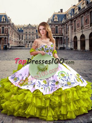 Olive Green Lace Up Vestidos de Quinceanera Embroidery and Ruffled Layers Sleeveless Floor Length