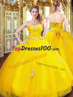 Gold Organza Lace Up 15th Birthday Dress Sleeveless Floor Length Beading and Appliques