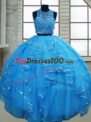 Baby Blue Tulle Lace Up Scoop Sleeveless Floor Length Quinceanera Gown Beading and Ruffles