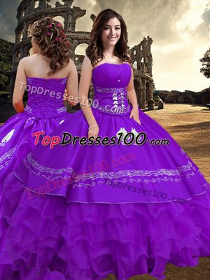 Purple Taffeta Zipper Strapless Sleeveless Floor Length Quinceanera Dresses Embroidery and Ruffled Layers